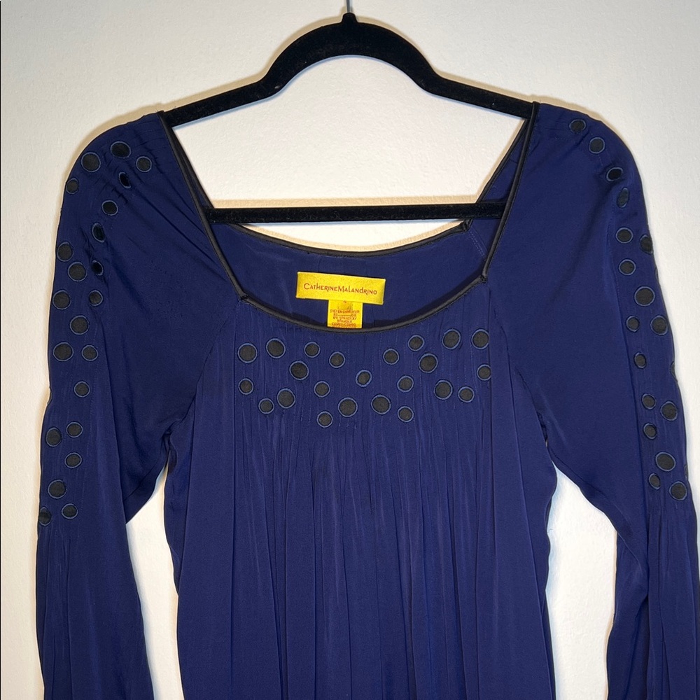 Catherine Malandrino Baby Doll Dress 95% Silk Deep Blue Long Sleeve